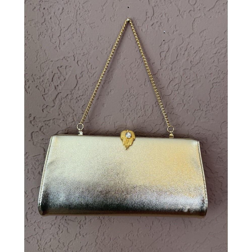 VTG Gold Clutch Purse Jewel Snap Clasp‎ Close Metallic Evening Bag Gold Chain